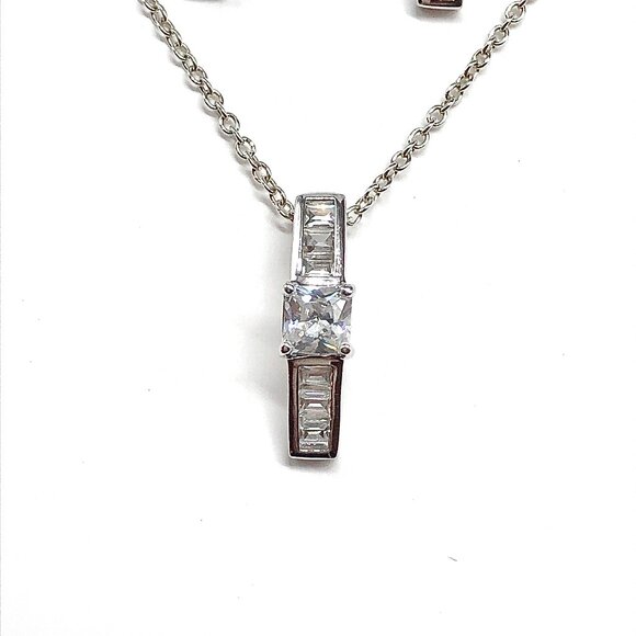 Sterling Silver CZ Bar Design Pendant Necklace & Earrings set - Picture 3 of 9